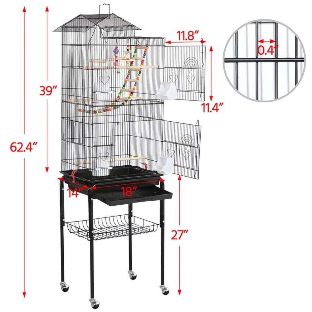 Alden Design 62.4"H Metal Rolling Mid-Size Bird Cage with Detachable Stand, Black - Image 4