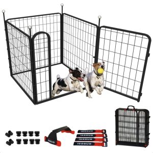 IGOOUO Dog Playpen Indoor/Outdoor, 4 Panels 32" Height Portable Metal Dog Fence with Easy-Carry Straps for Small Dogs, Pet Puppy Playpen for RV Camping Yard Patio