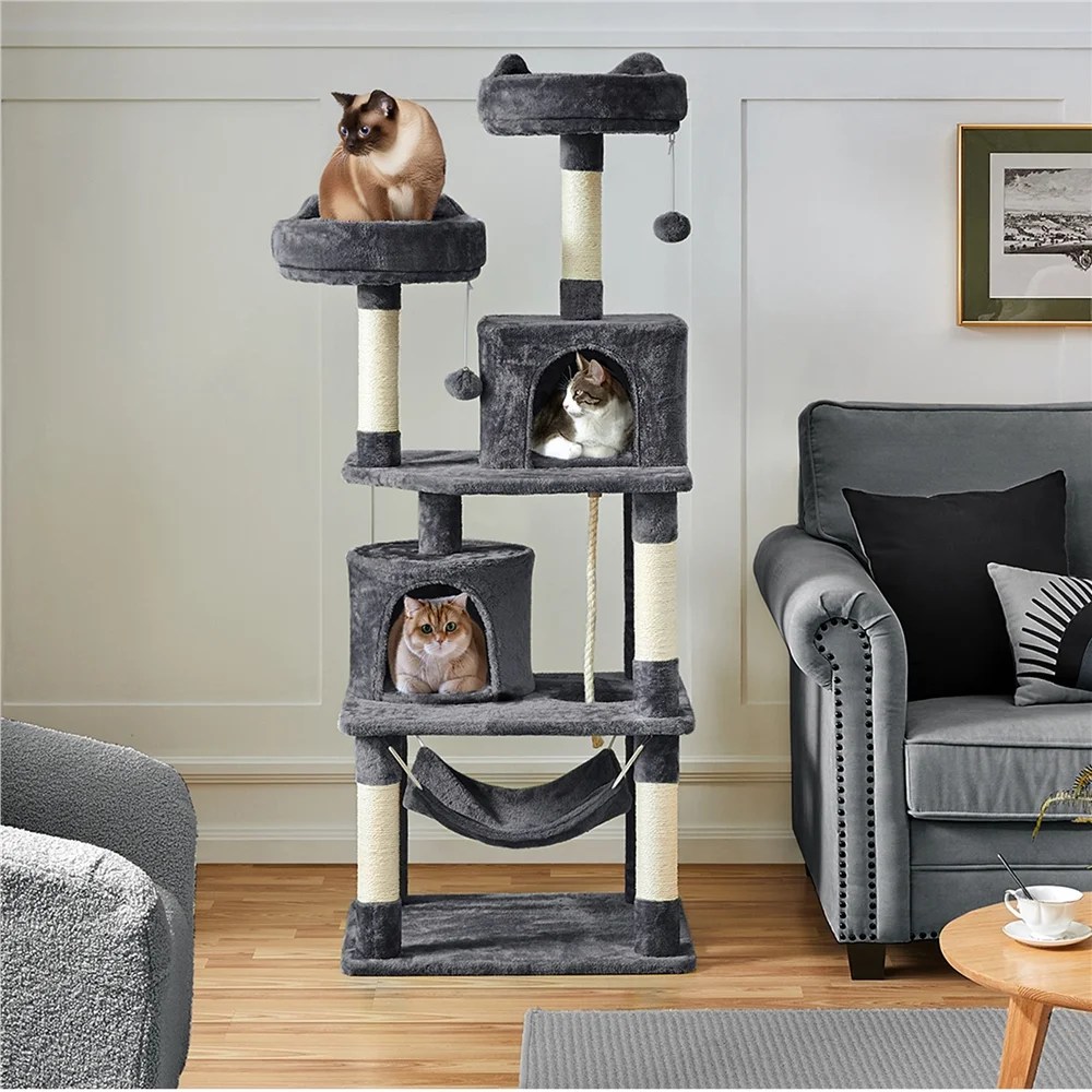 Yaheetech 62"H Multi Level Cat Tree Tower with Condos, Foam-Padded Perches, Dark Gray - Image 6