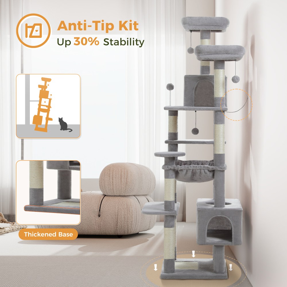 PAWZ Road 73" Cat Tree for Large Cats, Multi Level Play Tower Condo 7 Sisal Scratching Posts, Gray - Image 11