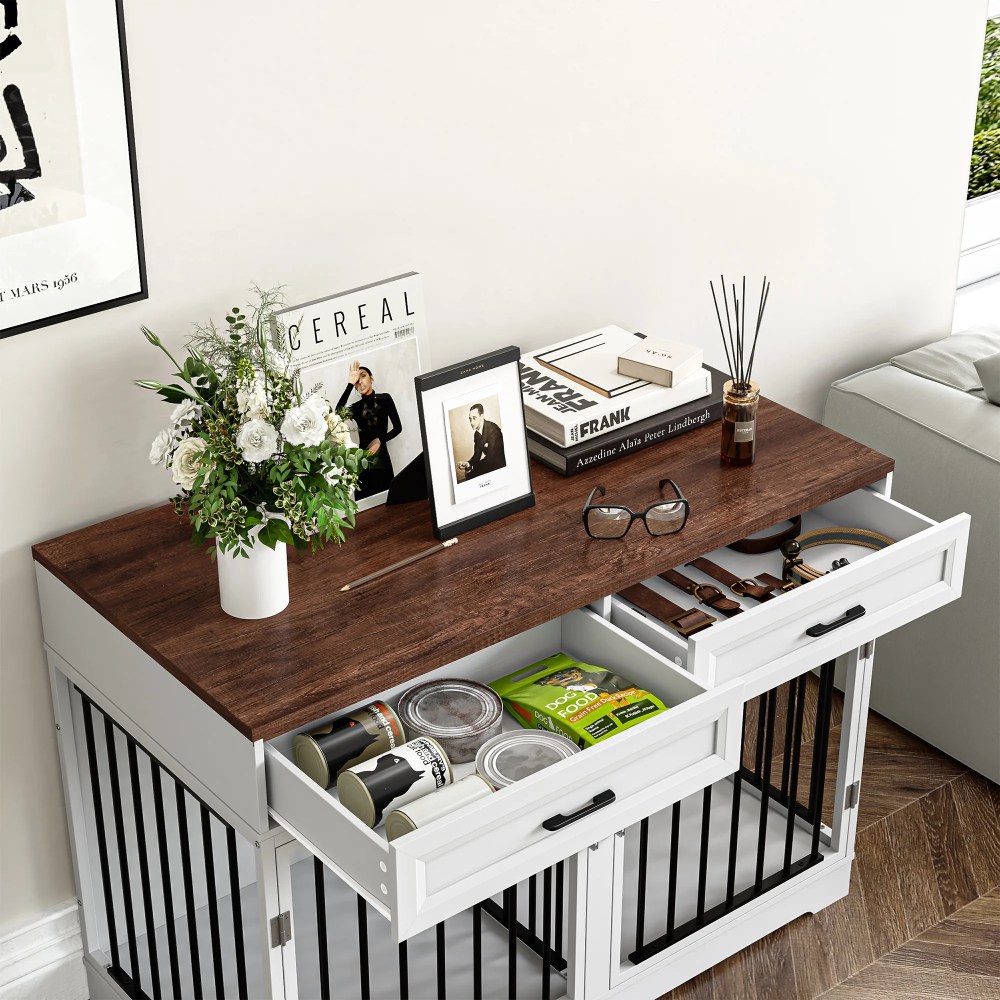 Homfa Dog Crate Furniture with 2 Drawers, 47.2 in Wooden Indoor Dog Cage Table with Divider, White - Image 4