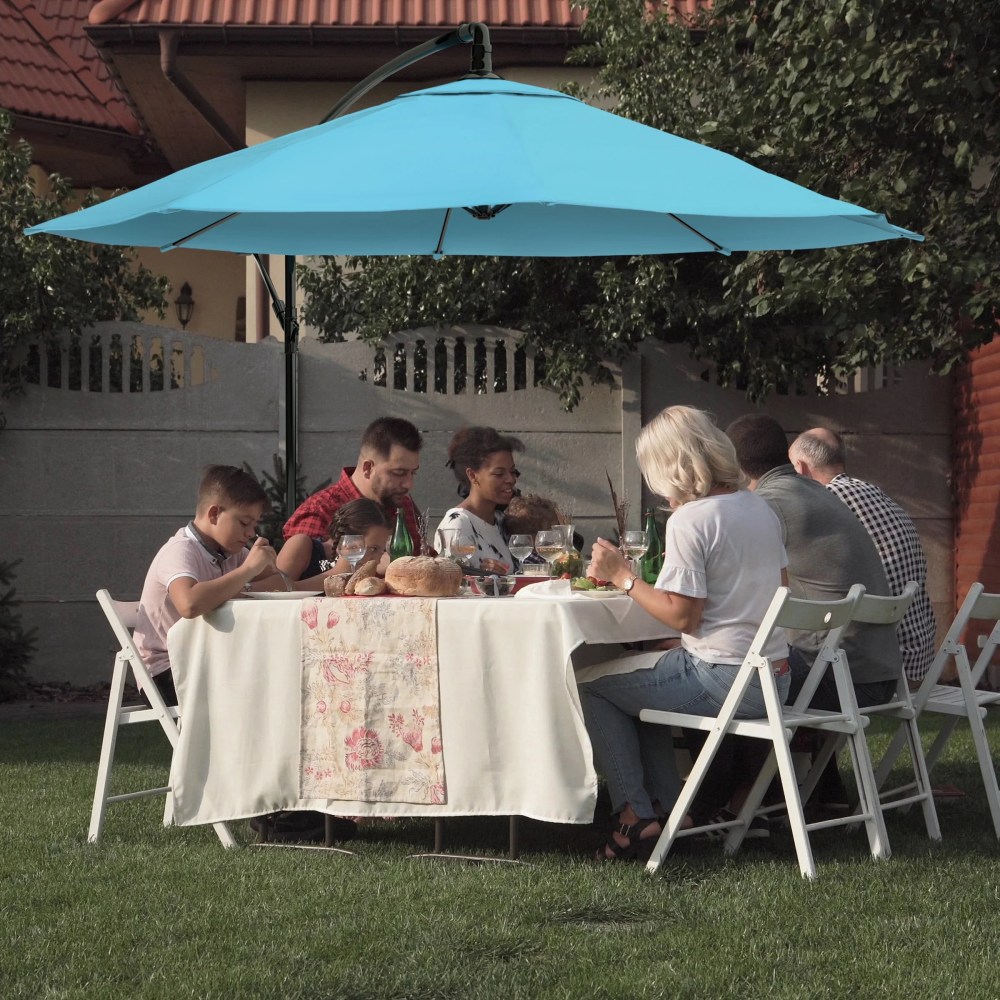 Pure Garden 10-Foot Offset Patio Umbrella with Crank and Base (Blue) - Image 7