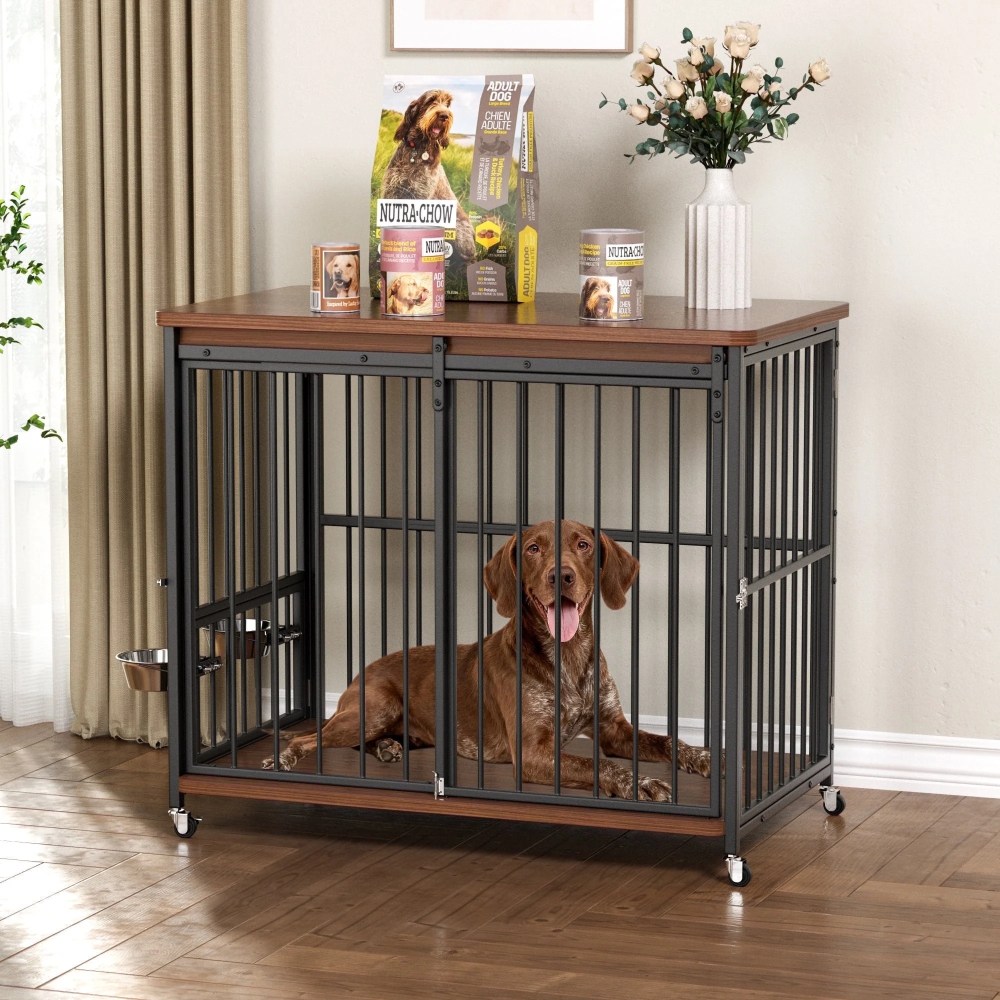 Cofiyard Dog Crate Furniture, 41" Wooden Dog Kennel Indoor with Sliding Front Door, Multi-Side Openings & Feeding Window Pet Cage House, Brown End Table, M - Image 3
