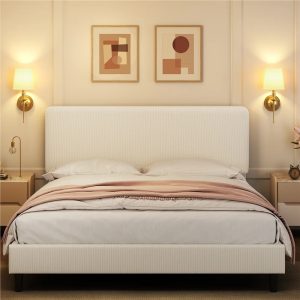 Yaheetech Upholstered Platform Bed with Adjustable Headboard,Queen,Beige