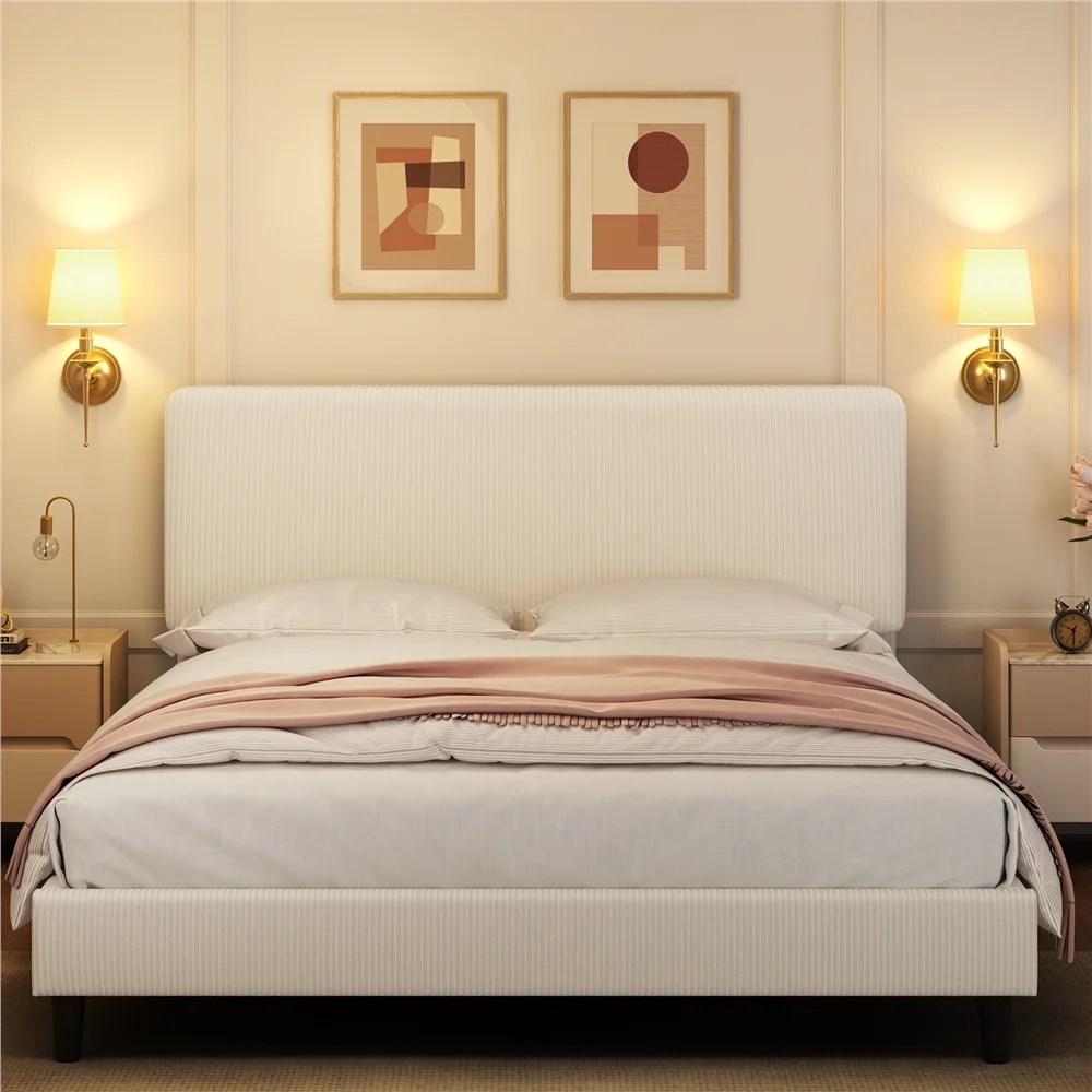 Yaheetech Upholstered Platform Bed with Adjustable Headboard,Queen,Beige