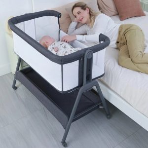 ANGELBLISS Flat Bedside Bassinet with Storage Basket, Easy Folding Portable Crib with Wheels, Included Breathable Mesh, Cozy Mattress(Black)(0-6 months)