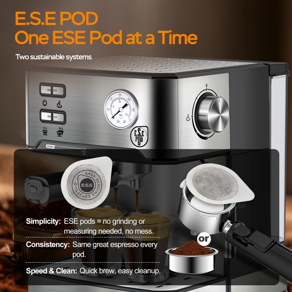 Plum Chef 20 Bar Espresso Machine with Built-in Pressure Gauge, Professional Coffee Maker for Cappuccino & Latte, ESE POD Compatible, 1.5L Water Tank, Stainless Steel, 950W - Image 7