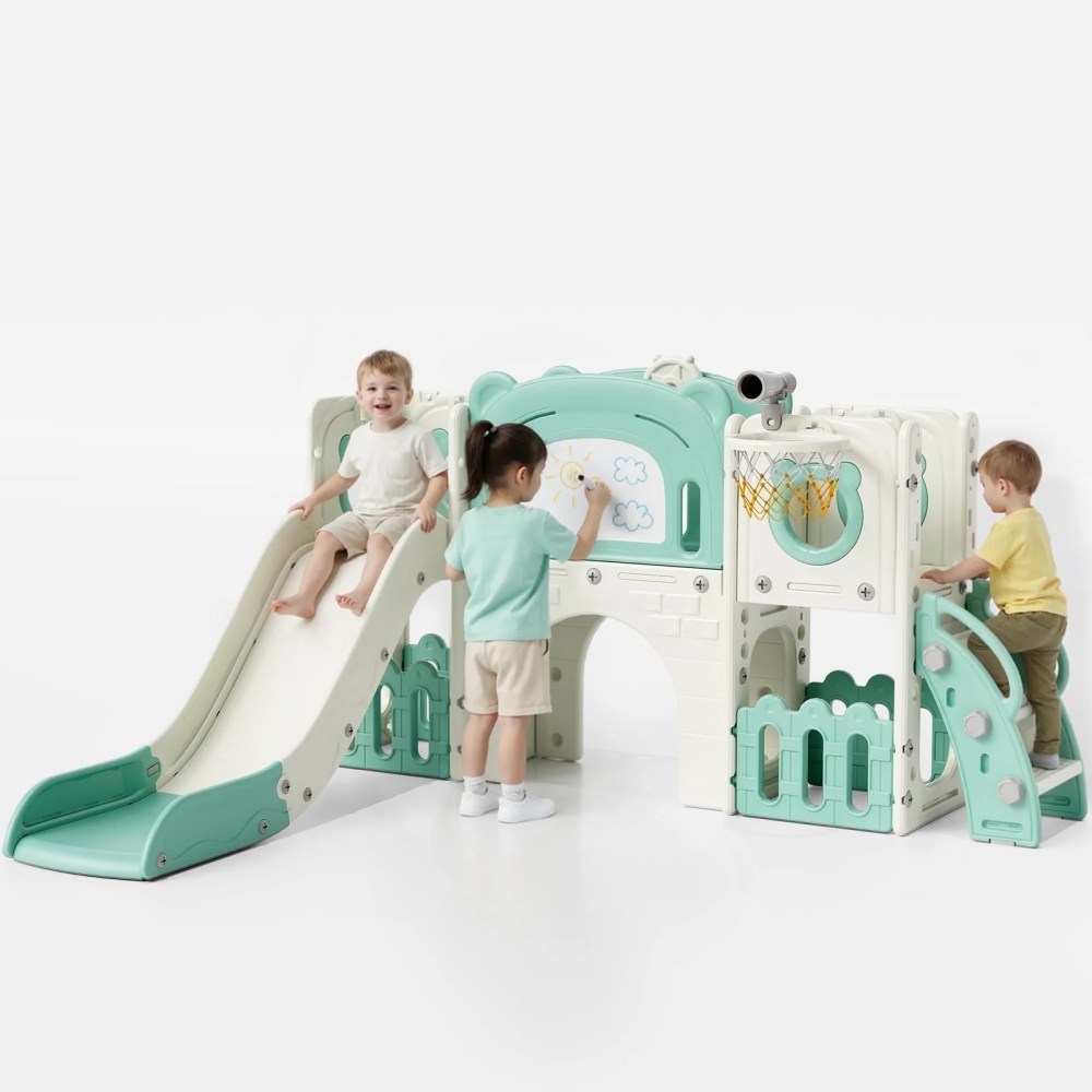 Arlopu 10-in-1 Kids Slide & Climber Set, Indoor Outdoor Slide Playset with Drawing Board, Climber, Basketball Hoop, Tunnel, Storage & Telescope