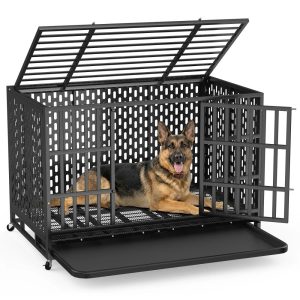 YOKWOK 48 Inch Heavy Duty Indestructible Dog Crate Cage, Chew Proof & Escape-Proof XL Kennel for High Anxiety Large Dogs, with Locking Wheels and Removable Tray for Indoor & Outdoor Use, Black