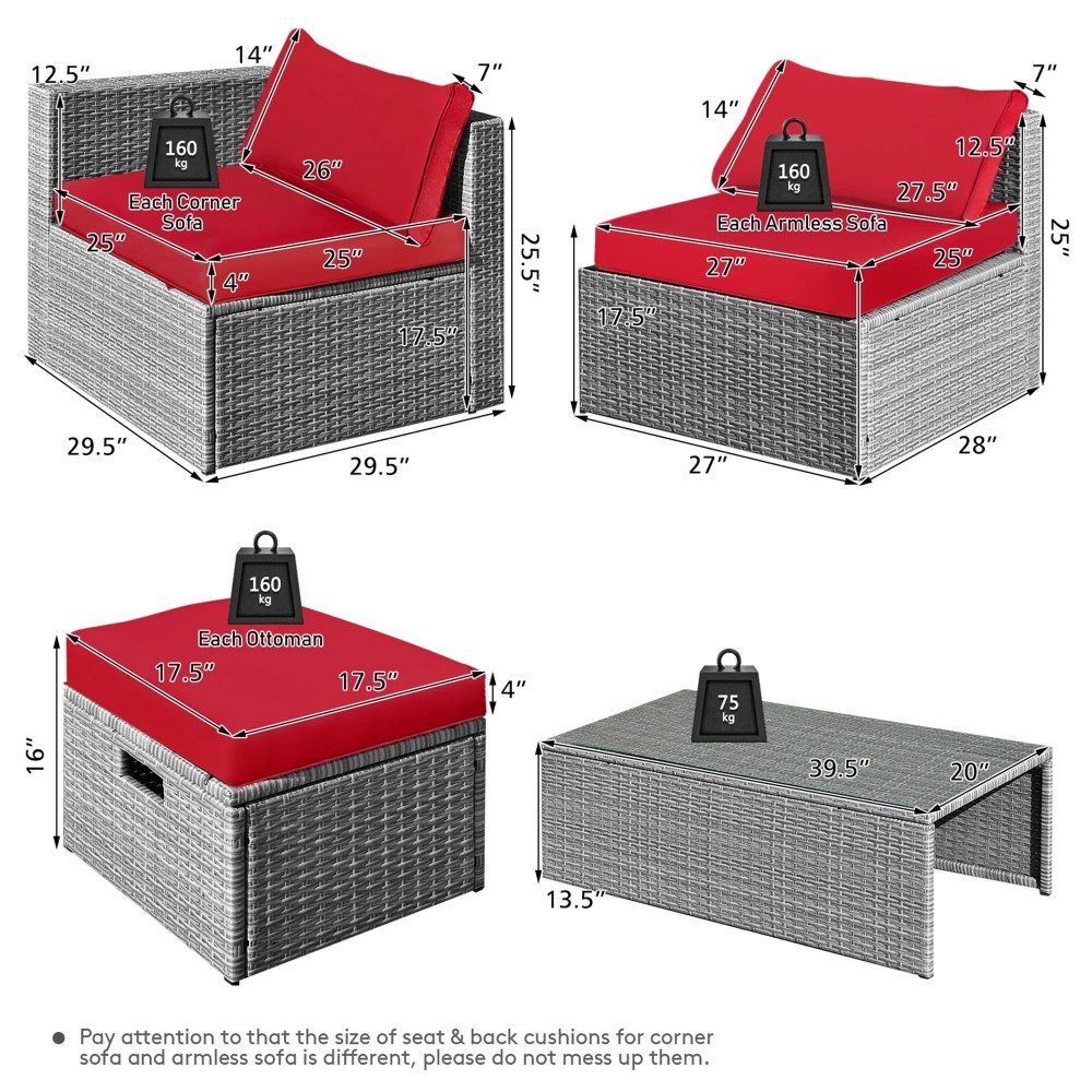 Gymax Fashion 8PCS Rattan Patio Space-Saving Furniture Set w/ Waterproof Cover & Red Cushions - Image 4