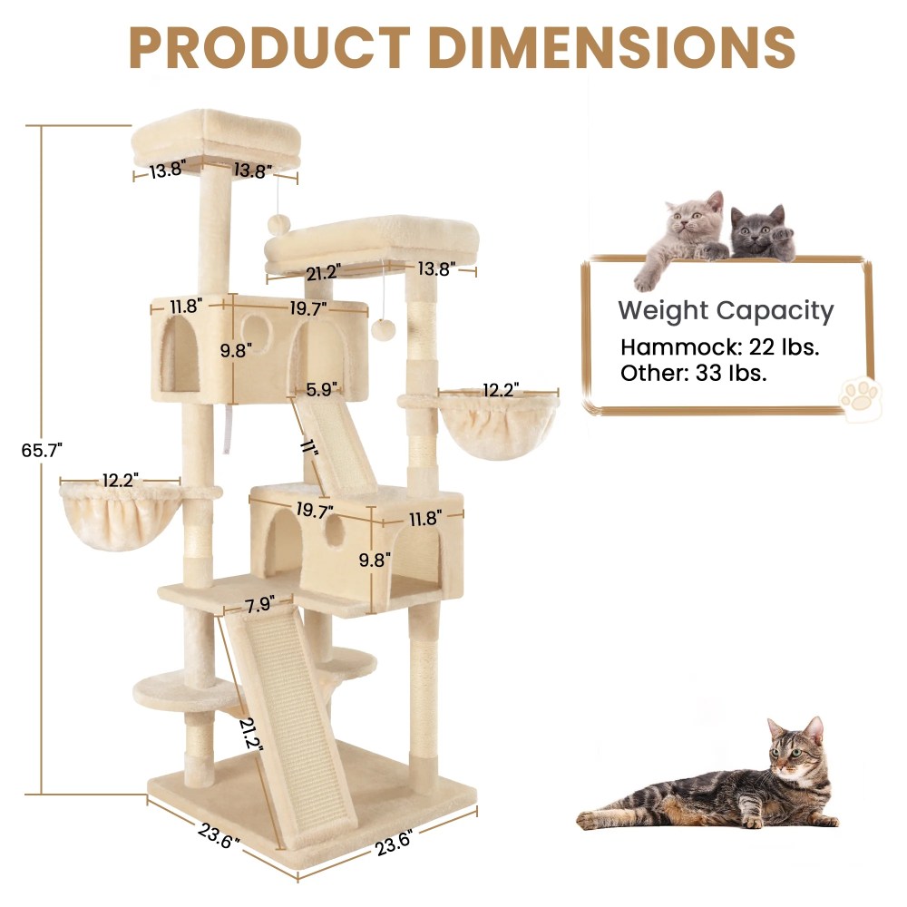 Merrland 65.7 " Large Cat Tree Tower Condo for Cats with 2 Scratching Ramps, Hammock & Scratching Posts, Beige - Image 5