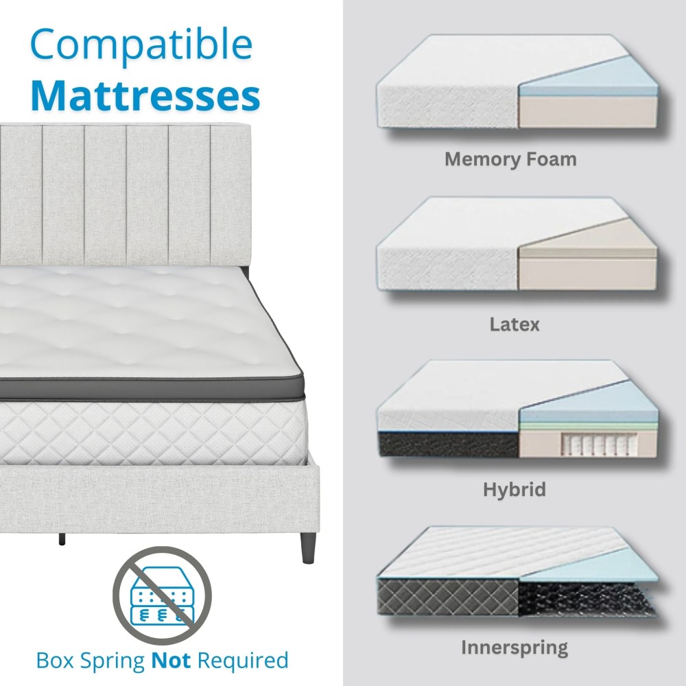 Boyd Sleep Leah Off White Linen Queen Size Fully Upholstered Platform Bed Frame with Adjustable Headboard - Image 7
