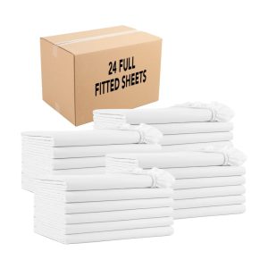 Arkwright Fitted Bed Sheets (Bulk Case of 24), 200 Thread Count., Cotton Poly Blend, White with Color Coded Hem, Full Bed Size
