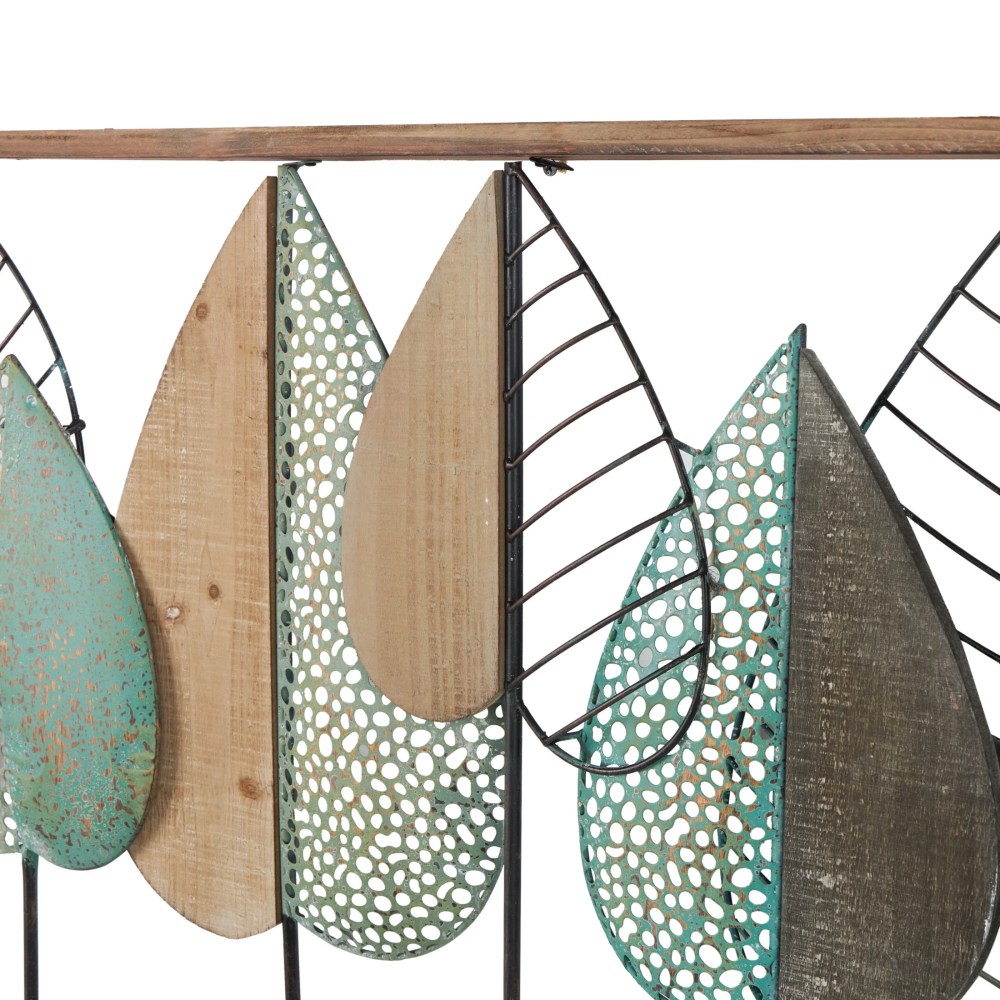 DecMode Brown Wood Cutout Leaf Wall Decor with Green and Black Metal Wire Accents - Image 14