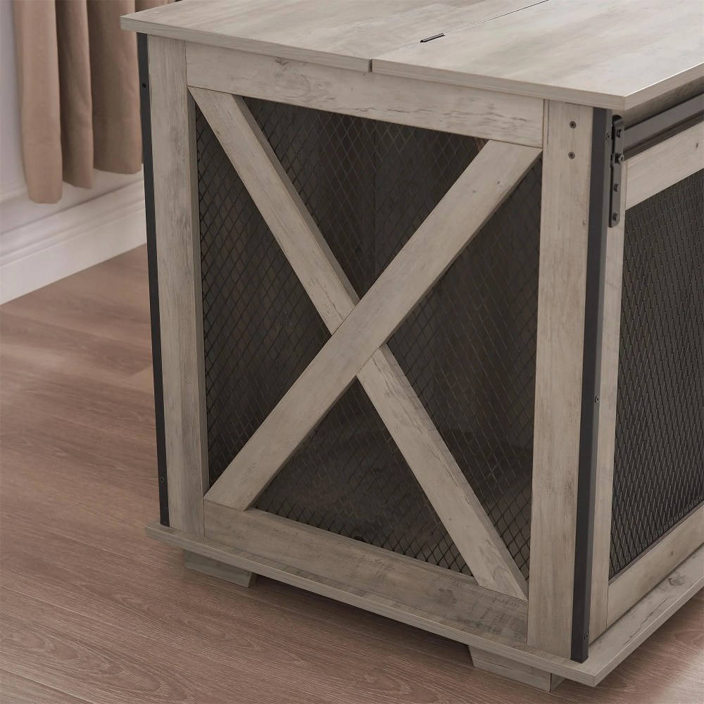 Pefilos 37" Wood Dog Crate Furniture, Heavy Dog Kennel Pet House with Sliding Barn Door, Indoor Dog Cage for Large Dogs, Gray - Image 4