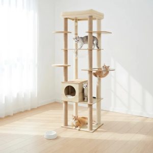 Pefilos 71" Wooden Cat Tower for Adult Cats,  Modern Cat Tree Tower with Cozy Condo,  Kitty Climbing Play House for Indoor Cats,  Beige