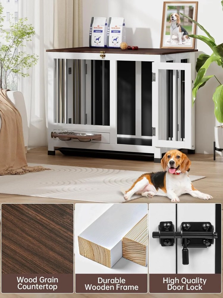 Dog Crate Furniture, 31.5" Dog Kennel Indoor Foldable and Portable, Sturdy Wooden Dog Crate End Table Easy Assembly with 360'Rotating Feeder and Detachable Tray for Small Dogs, Medium Dogs - Image 6