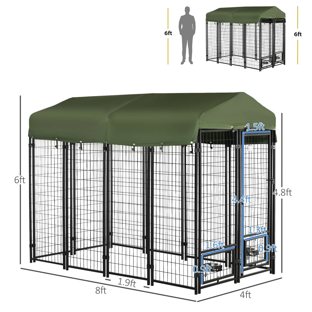 PawHut 8" x 4" x 6" Outdoor Dog Kennel with Rotating Bowl Holders, Walk-in Pet Playpen, Welded Wire Steel with Water and UV-Resistant Canopy, Green - Image 4