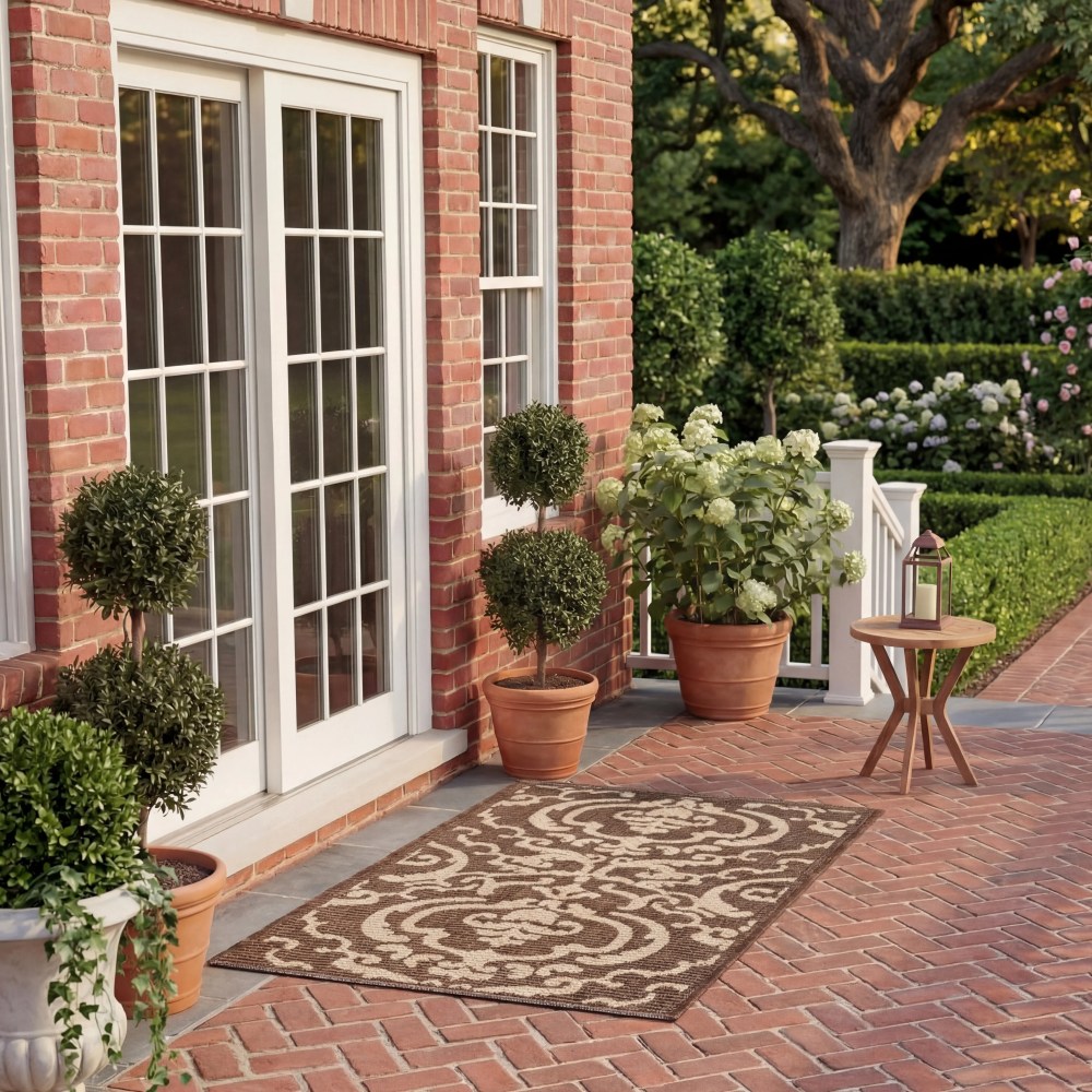 Safavieh Courtyard Dara Damask Indoor/Outdoor Area Rug, Chocolate/Natural, 6'7" x 6'7" Square - Image 2