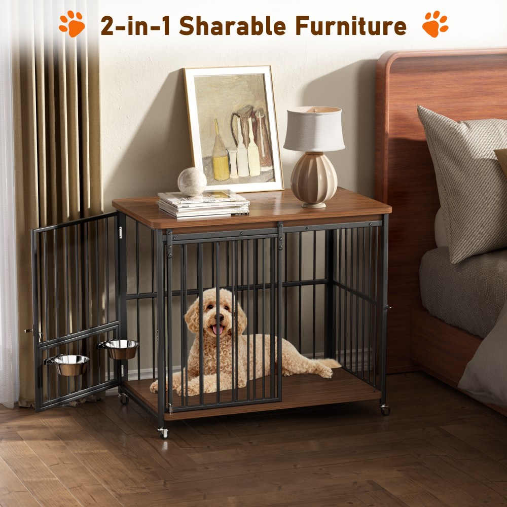Cofiyard Dog Crate Furniture, 41" Wooden Dog Kennel Indoor with Sliding Front Door, Multi-Side Openings & Feeding Window Pet Cage House, Brown End Table, M - Image 5
