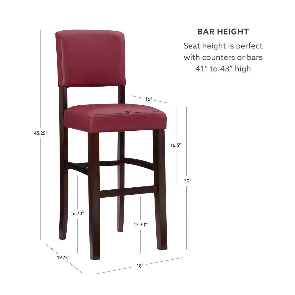 Linon Monaco Full Back Wood Bar Stool, 30" Seat Height, Espresso Finish with Dark Red Fabric - Image 5