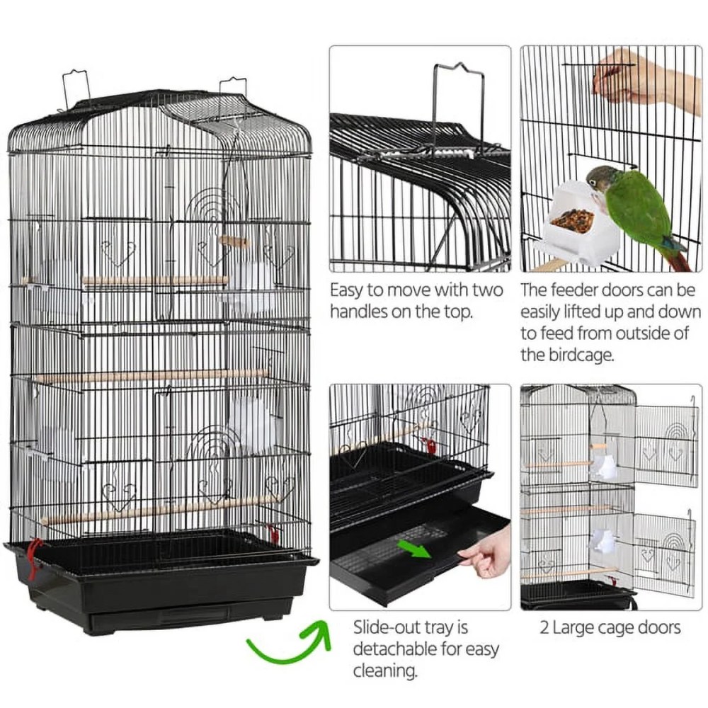 Alden Design Large 41" Metal Bird Cage with Play Top for Parakeets and Lovebirds, Black - Image 8