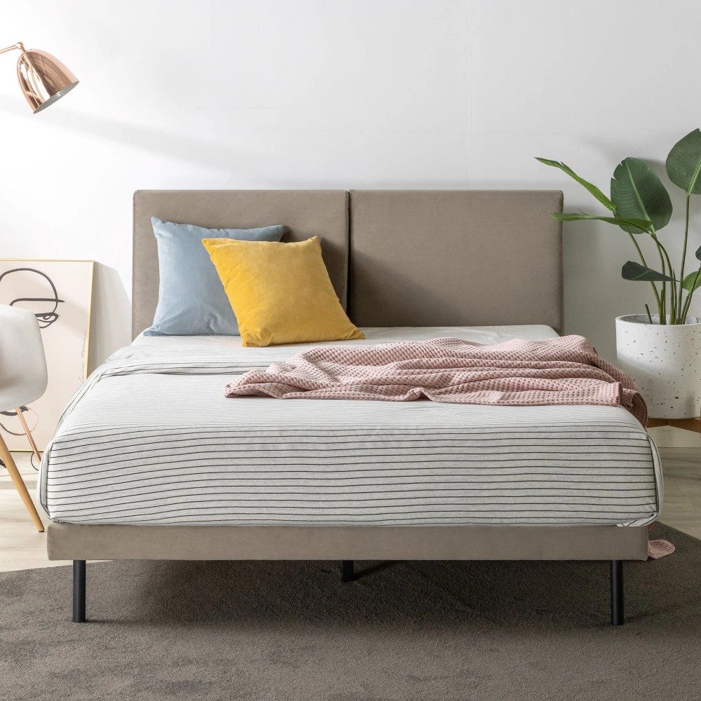 Zinus Taylor 37" Velvet Upholstered Platform Bed Frame with Split Headboard,Latte,King