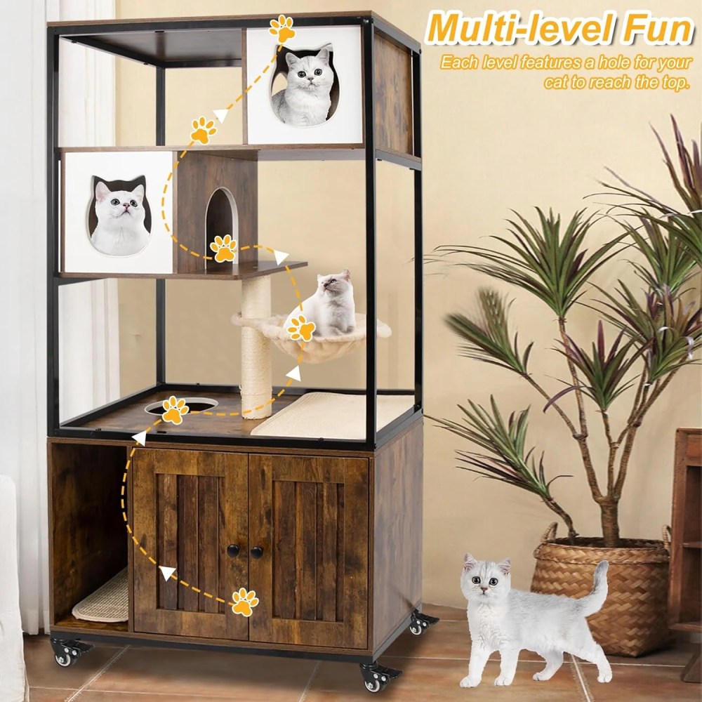 PETSCOSSET Cat Tree with Hidden Litter Box Enclosure, Climbing Platforms, Condo Hammock, and Scratching Post - Image 3