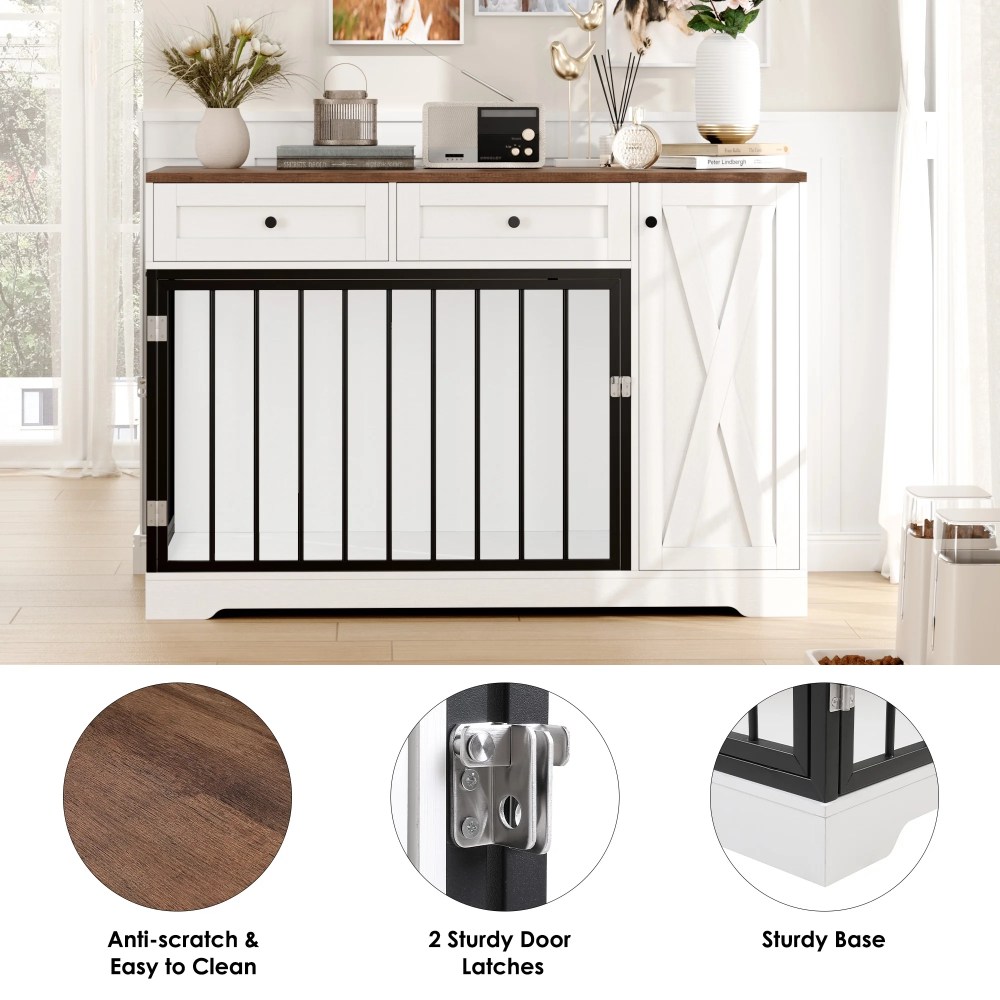 Homfa Dog Crate with Storage Cabinet and 2 Drawers, Indoor Furniture Style Wooden Large Dog Kennel, White - Image 5