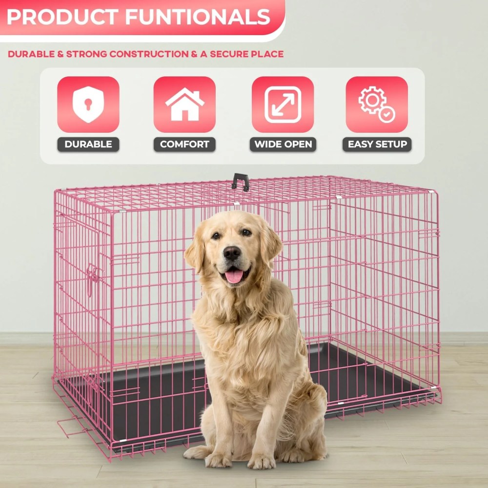 Dog Crates for Large Dogs 48 Inch Folding Mental Wire Crates Outdoor and Indoor Pet Dog Cage with Double-Door, Divider Panel, Removable Tray, Pink - Image 7