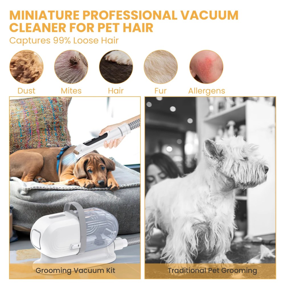 AUOSHI Pet Grooming Vacuum for Dogs & Cats, 13000Pa Suction, 5-in-1 Grooming Kit with Low Noise, 2.5L Dust Cup, Wireless Clippers, Deshedding Brush-Professional At-Home Pet Hair Cleaner - Image 3