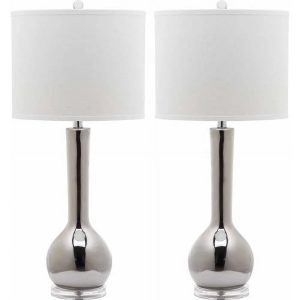 SAFAVIEH Mae 30.5 in. H Long Neck Ceramic Table Lamp, Silver, Set of 2
