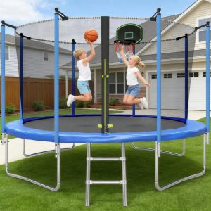 12Ft Trampoline with Basketball Hoop for Kids and Adults, Recreational Trampoline with Safety Enclosure Net, Outdoor Trampolines with Heavy-Duty Steel Frame for Boys & Girls, Backyard, Patio, Gar