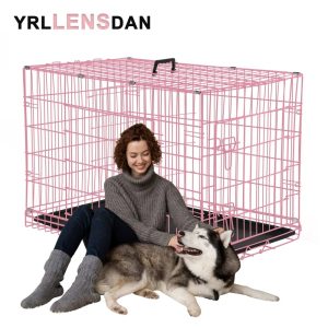 YRLLENSDAN 48 inch XXL Dog Crate Extra Large Dog Crate for Large Dog Foldable Dog Crate with Divider Metal Dog Crate XXL Large Dog Kennel Indoor Large Dog Cage, Pink