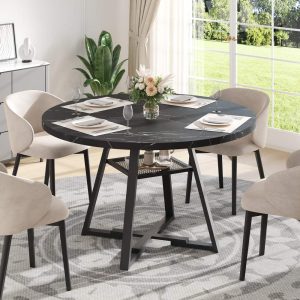 43in Round Dining Table,LEGAHOME Modern Faux Marble Kitchen Table for 4,Heavy-duty Dining Room Table with Metal Base,Black (Only Table)