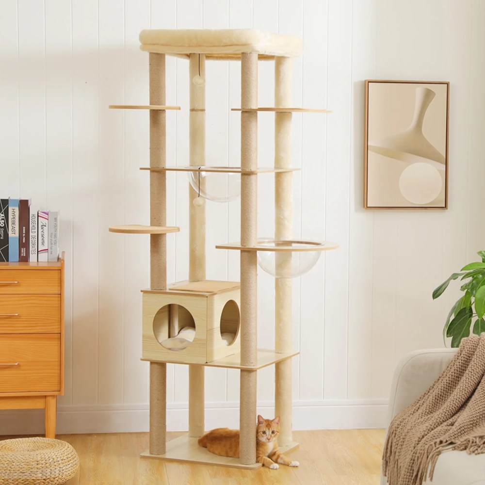 Pefilos 71" Wooden Cat Tree Tower for Multiple Cats, Modern Cat Tree House with Cat Condo for Indoor Cats, Beige - Image 5