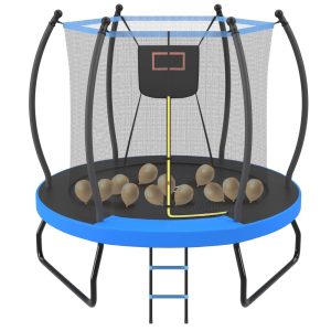 Alvantor 8ft Trampoline with Basketball Hoop,  Outdoor Trampoline for Kids with Enclosure net and Ladder,  Recreational Pumpkin Trampoline for Backyard Blue