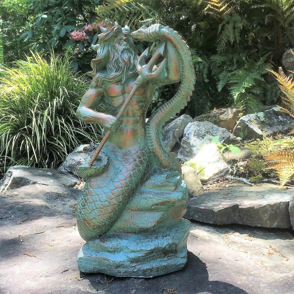 Homestyles 22 in. Bronze Patina Poseidon Ruler of Sea Sitting on Rock Nautical Beach Extra Large Mermaid Statue - Image 4