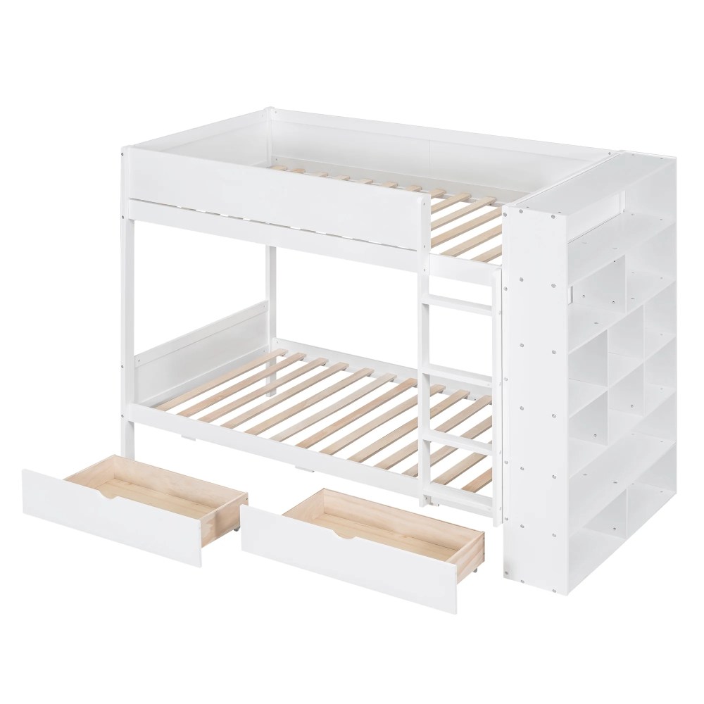 Euroco Pine Wood Twin over Twin Bunk Bed, Storage Bed with Cabinets and Shelves for Kids Teens, Sapce-Saving Design, White - Image 13