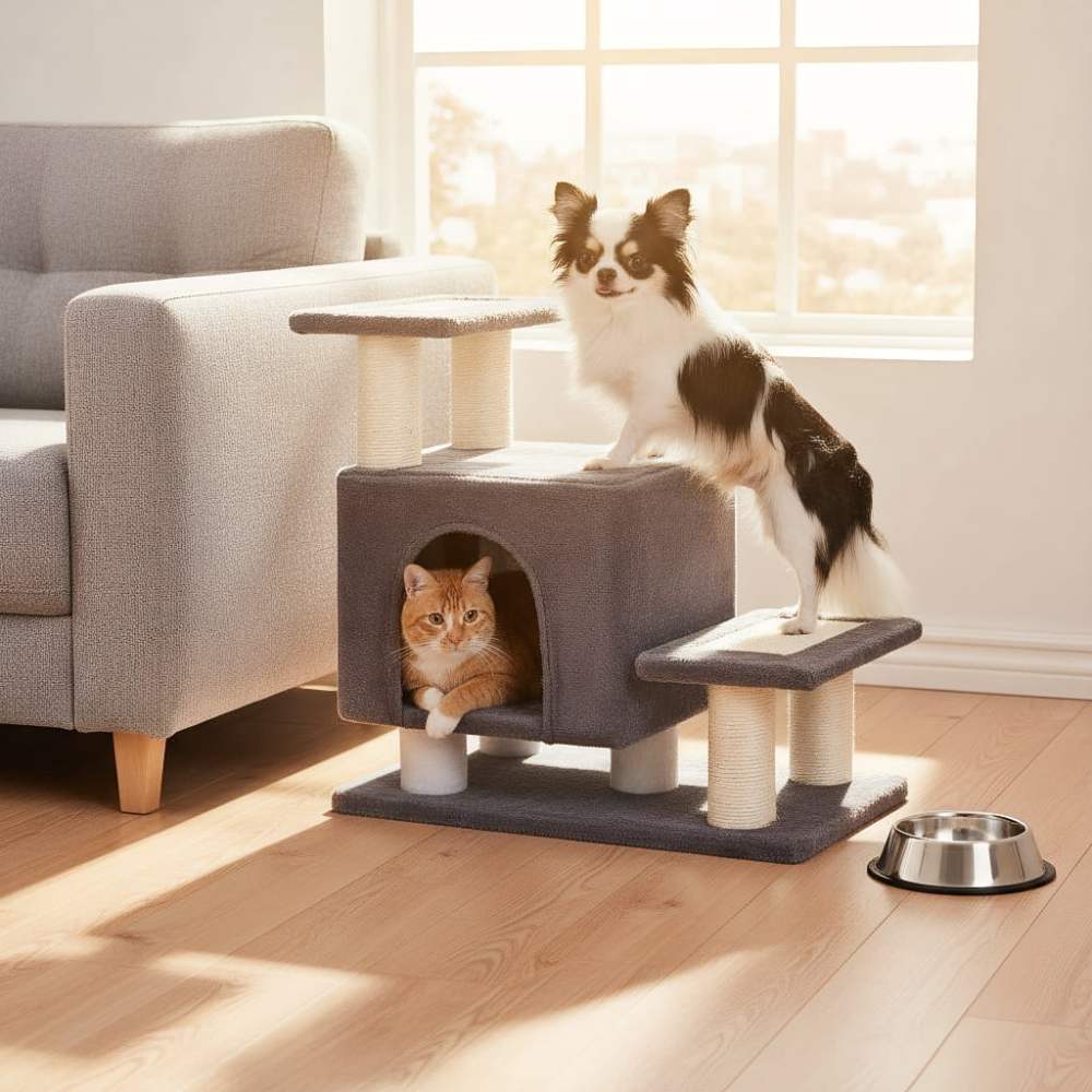 Pefilos 21" Cat Tree Tower with Scratching Post, 3-Step Pet Dog Stairs with Cat Condo for Small Dog, Gray - Image 9