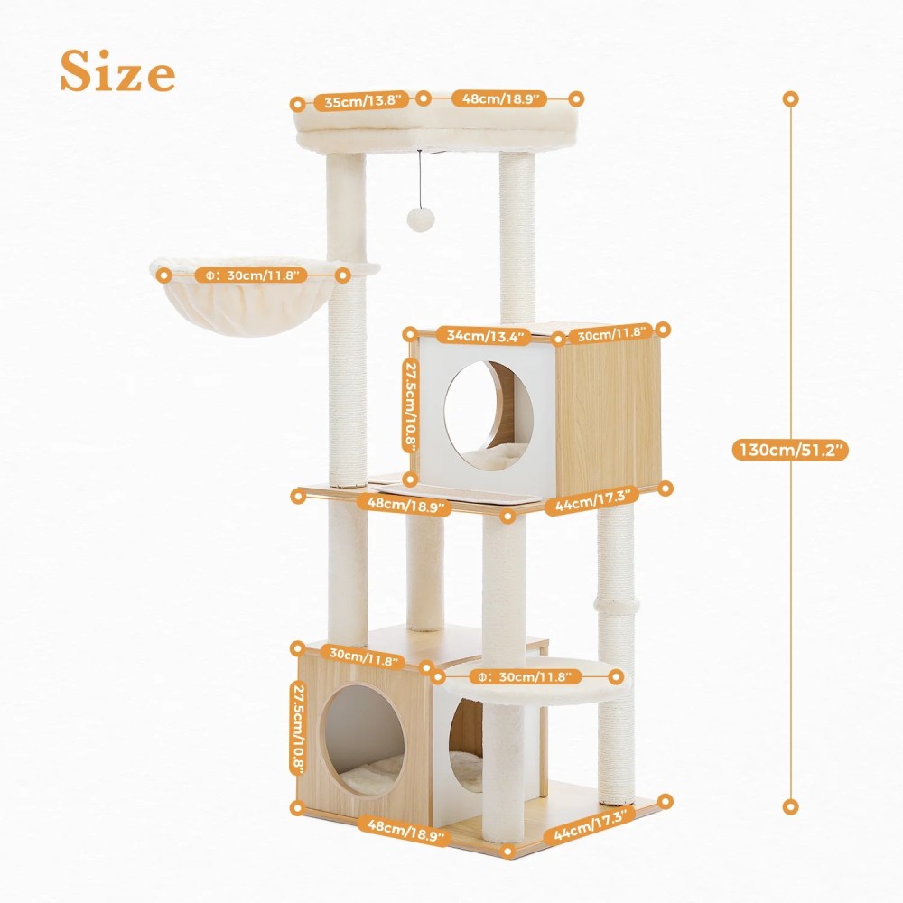 Pefilos 51" Wooden Cat Trees Towers for Large Cats with Cat Scratching Post and Removable Soft Perches Modern Cat Condo for Indoor, Beige - Image 12