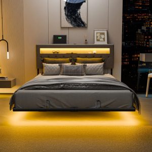 Zimtown Floating Bed Frame Queen Size Metal Platform Bed for Bedroom,No Box Spring Needed,Gray
