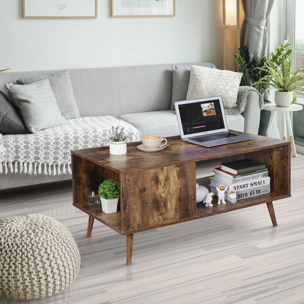 ZENY Wooden Mid Century Coffee Table with Open Storage Shelf Vintage Accent TV Table for Living Room,Bedroom Home/Office Indoor,Brown
