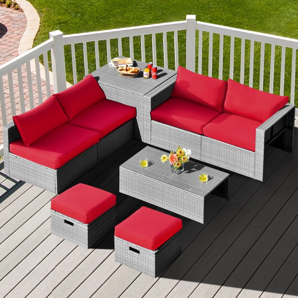 Gymax Fashion 8PCS Rattan Patio Space-Saving Furniture Set w/ Waterproof Cover & Red Cushions - Image 3
