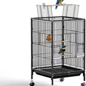 VINGLI Bird Cage with Wheels,  38-Inch Open Top Wrought Iron Bird Cage,  Rolling Parakeet Cage for Cockatiels Lovebird Finches Canaries