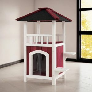 Demi Bonn 41" 2-Story Wooden Cat House with Asphalt Roof and Rain Curtain,  Outdoor Cat Shelter,  Feral Rainproof Kitty Cat Condo,  Red