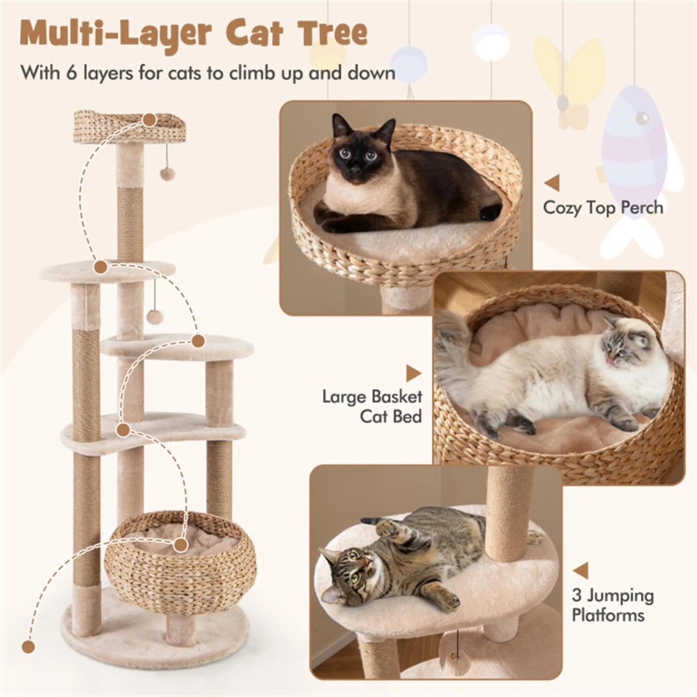 Demi Bonn 63" Cat Tree Tower for Indoor Cats, Cat Condo for Large Cats, Modern Cat Tree House Manual Hand Woven with Sisal, Cat Scratching Post, Beige - Image 2