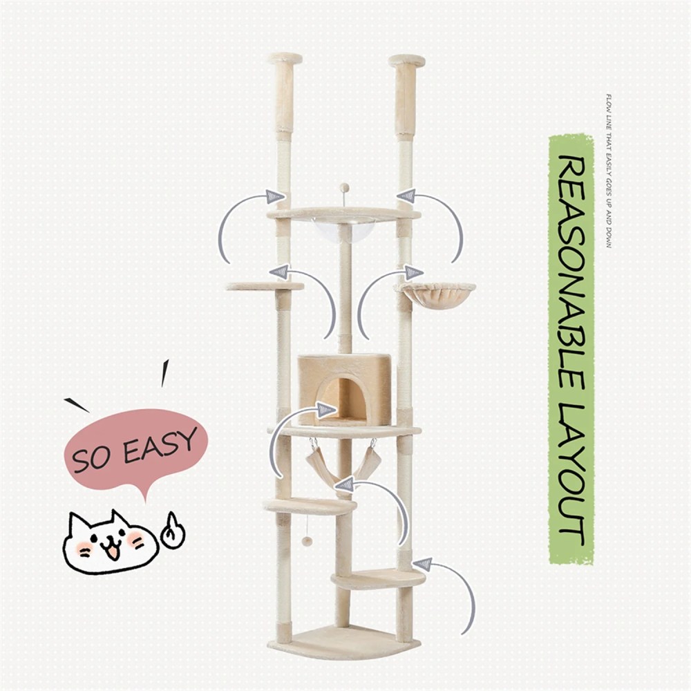 Pefilos Floor to Ceiling Cat Tree for Indoor 92.9"-101.6" Height Adjustable Cat Tower Tall Kitty Climbing Play House with Scratching Posts, Cozy Cat Condo, Perches and Large Hammock, Beige - Image 4