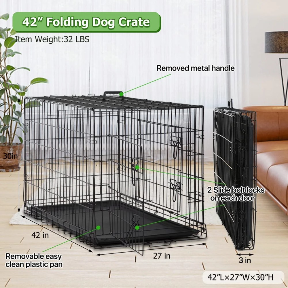 Dkelincs 42" XL Foldable Dog Crate Metal Dog Cage Kennel with Double Door & Tray, Black - Image 6