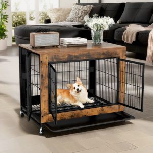 Pefilos 35" Industrial Dog Crate for Indoor Side End Table Dog Cage with Double Doors and Lift Top Heavy-Duty Pet Cages for Dogs Modern Kennel,  Brown